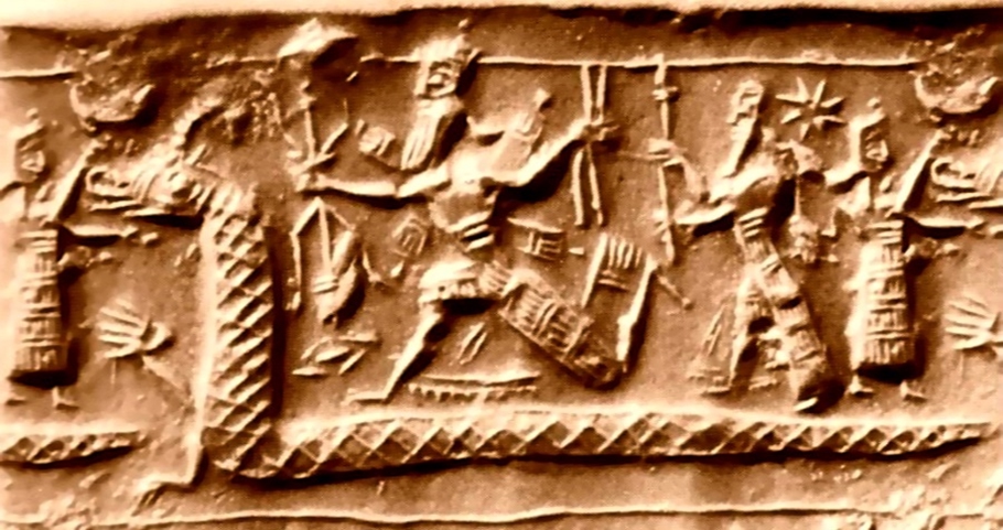 Мардук сражается с Тиамат? Или Мардук идет в бой вместе с мушхушу, своим личным символом и союзником? Или какой-то другой бог со змееподобным чудовищем? (Ассирийская цилиндрическая печать, около 800-750 гг. до н.э.)