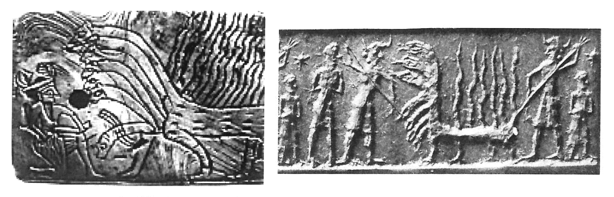 Слева: гравированная бляшка из раковины неизвестного происхождения; высота 39 мм, ок. 2600-2300 гг. до н. э. (Музей библейских земель, Иерусалим). Справа: каменная цилиндрическая печать из Телль-Асмара, Ирак; высота 32 мм, ок. 2271-2154 гг. до н. э. (Иракский музей, Багдад). Источник: Green 1997a, пластины 13 и 14 (= ANEP 671 и 691).