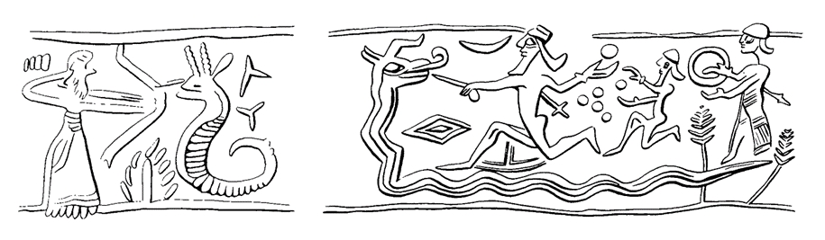 Еще несколько возможных кандидатов на изображение Мардука, сражающегося с Тиамат. Слева: цилиндрическая печать, желтая фритта (сплав смеси солей со стеклом), глазурь, высота 17 мм; Ассирия, Ниневия, ок. 900-700 гг. до н. э. (Берлин VA 7951). Справа: цилиндрическая печать, змеевик (минерал), высота 17 мм; Ассирия, Ниневия, ок. 800-600 гг. до н. э. (Библиотека Пьерпонта Моргана, Нью-Йорк).