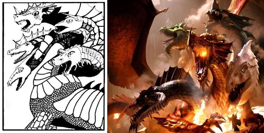 Тиамат как пятиглавый дракон в игре Dungeons and Dragons. Слева: Руководство по монстрам, 1-е издание (1977); справа: Возвышение Тиамат (2014).