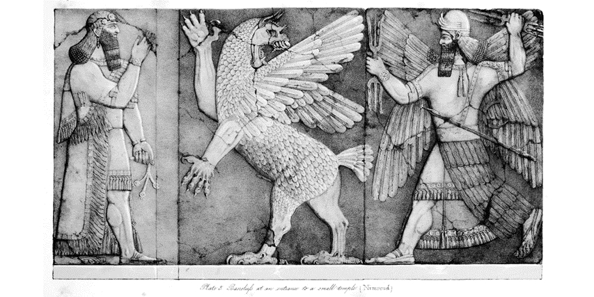 Определенно НЕ Тиамат: у этого чудовища есть пенис. (Рисунок неоассирийского рельефа из храма Нинурты в Нимруде, 800-е годы до н.э.). Источник: Остин Генри Лэйард, Памятники Ниневии, том 2 (1853), табличка 5)